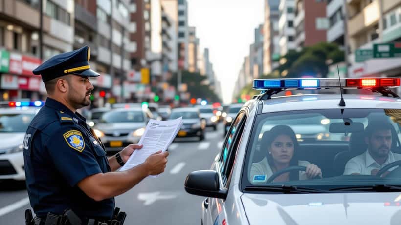 Policial entregando auto de infração para motorista em rua de São Paulo