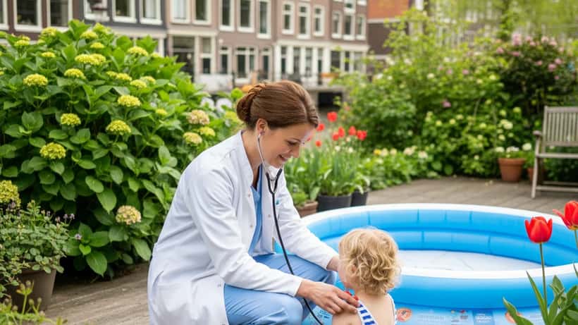 Nederlandse kinderarts onderzoekt kind na waterongeval in een Amsterdamse tuin met opblaaszwembad