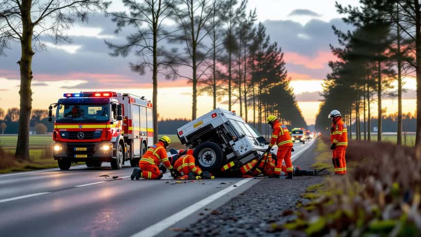 Hulpdiensten bij een vrachtwageongeluk op een landelijke weg in Drenthe, Nederland