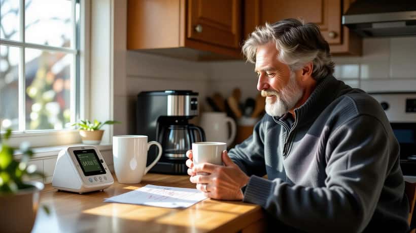 Canadian man holding a mug of coffee beside a home blood-pressure monitor and an ECG strip in a sunlit kitchen