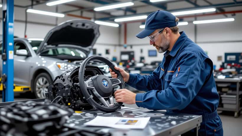 Mécanicien retirant un module airbag Takata lors d'une rückrufaktion dans un garage suisse