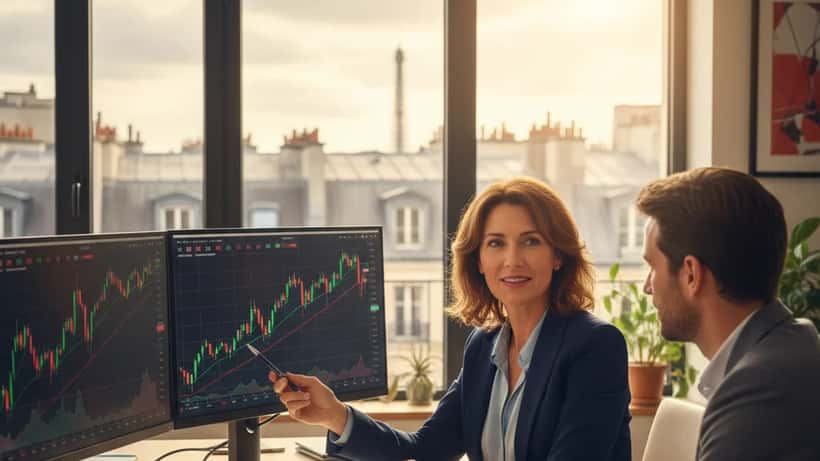 Conseillère en gestion de patrimoine expliquant la stratégie crypto à un client dans un bureau parisien