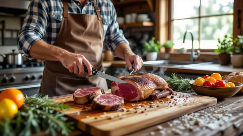 Hombre preparando carne de venado en cocina americana con termómetro de cocina