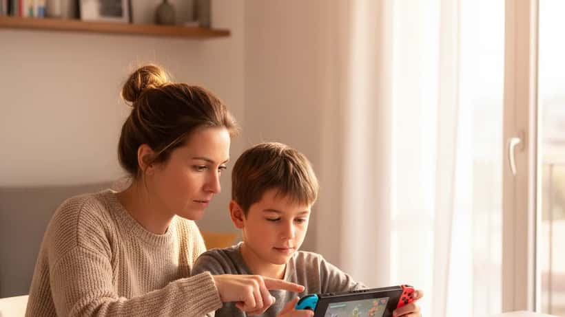 Mère et enfant regardant une Nintendo Switch ensemble à Bordeaux