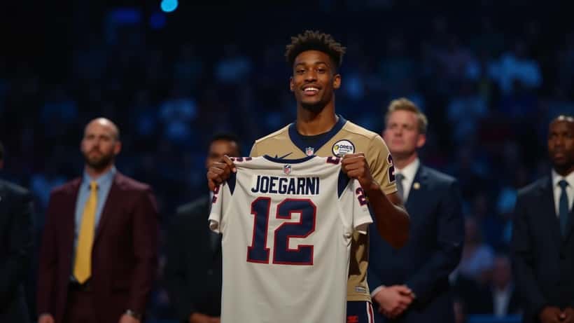 NFL Draft 2026 first round pick celebrating on stage with new team jersey