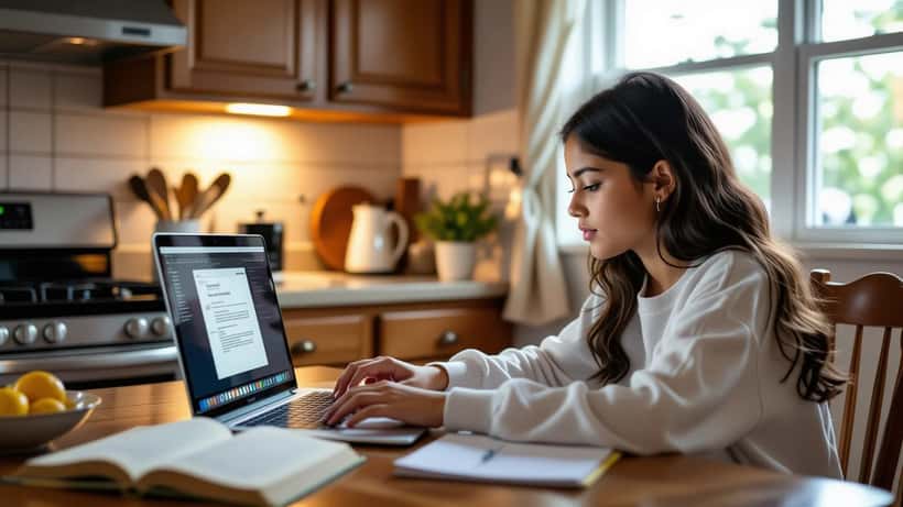 Estudiante hispana usando inteligencia artificial para tutoría escolar en Houston, Texas