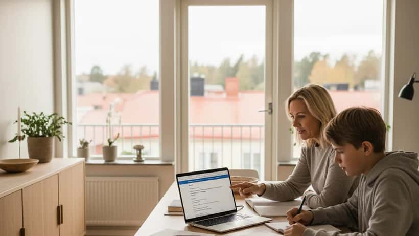 Svensk mamma hjälper sin tonårsson med läxor vid köksbordet i Göteborg