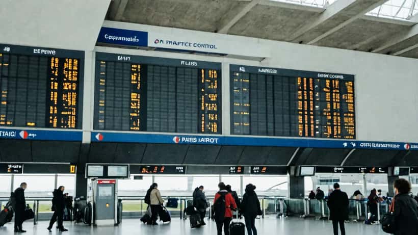 Tableau des départs en aéroport avec vols annulés pendant la grève des contrôleurs aériens DGAC, passagers en attente avec bagages