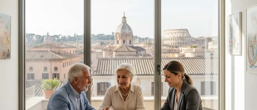 Coppia italiana anziana con consulente finanziario che esamina documenti previdenziali in ufficio luminoso