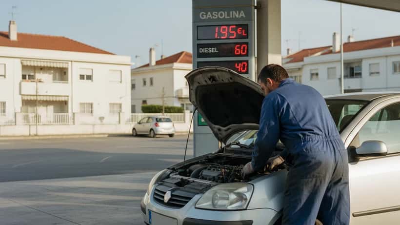 Mecânico verifica motor de carro num posto de abastecimento em Portugal
