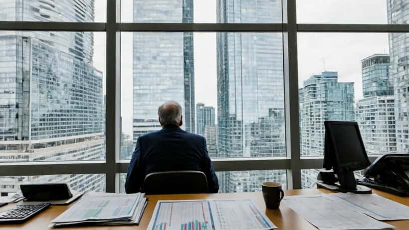 Canadian wealth manager reviewing TSX stock chart data on dual monitors in Toronto office