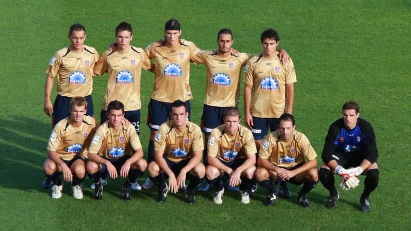 Newcastle Jets players in action during an A-League match at Newcastle Stadium