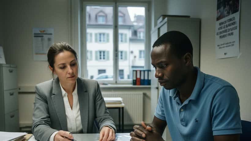 Avocat consultant un demandeur d'asile dans un bureau d'aide juridique en Suisse