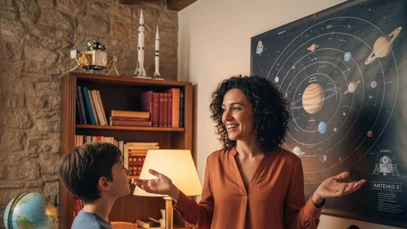 Professoressa di ripetizioni mostra poster del sistema solare a studente curioso a Torino