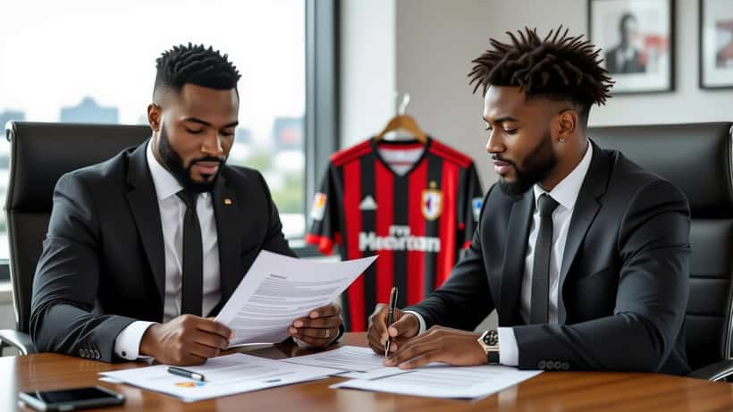 Calciatore professionista che esamina un contratto con clausola rescissoria in un ufficio legale a Milano
