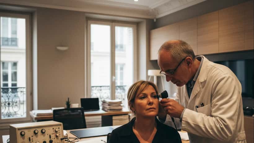 Médecin ORL examinant l'oreille d'une patiente avec un otoscope lors d'une consultation à Paris