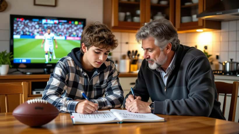 Pai e filho a calcular estatísticas do jogo Gil Vicente-Porto numa mesa de cozinha com caderno de matemática e bola de futebol