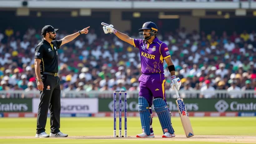 Cricket player contesting an umpire's controversial field obstruction ruling during an IPL 2026 match