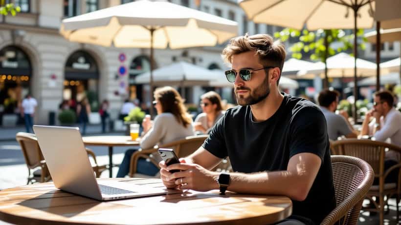 Mann hält überhitztes Smartphone mit Temperaturwarnung an Café-Tisch in München bei extremer Sommerhitze 2026