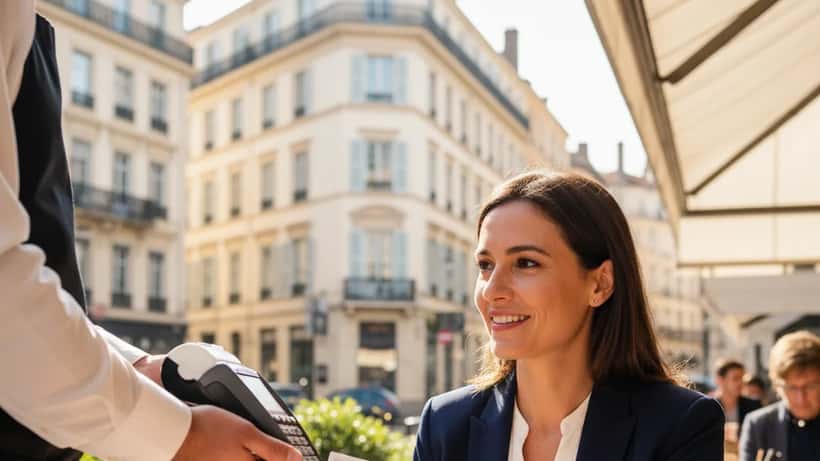 Une femme paye avec sa carte ticket restaurant en terrasse d'un café à Lyon