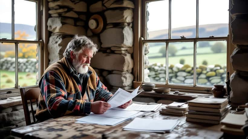 Farmer reviewing legal succession documents at a Yorkshire Dales farmhouse kitchen table with moorland view through the window