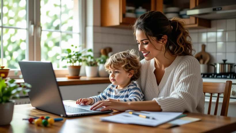 Mãe brasileira com filho pequeno verificando lista de espera de CMEI no computador