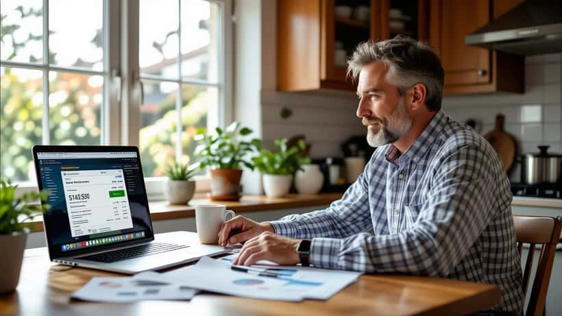 Man reviewing ISA financial planning documents at kitchen table after ITV7 jackpot prize notification on laptop screen