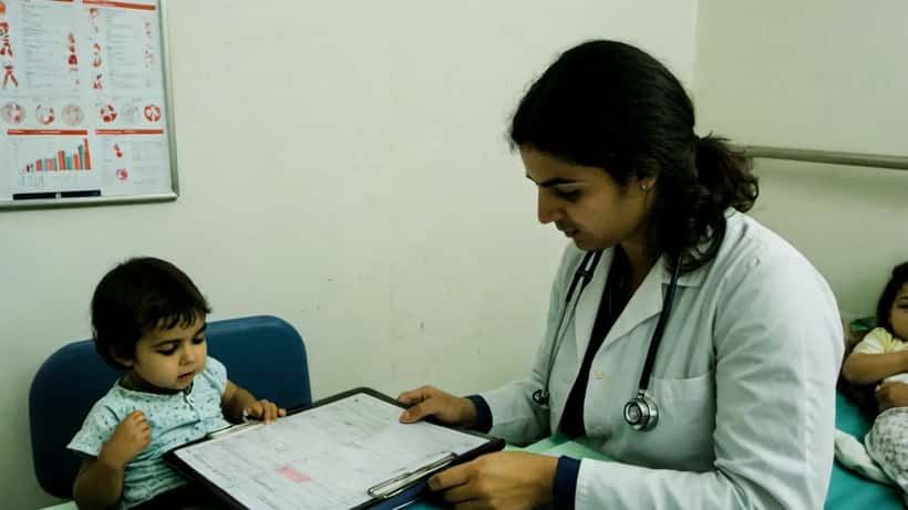 Enfermeira pediátrica a examinar bebé em clínica pública em Portugal