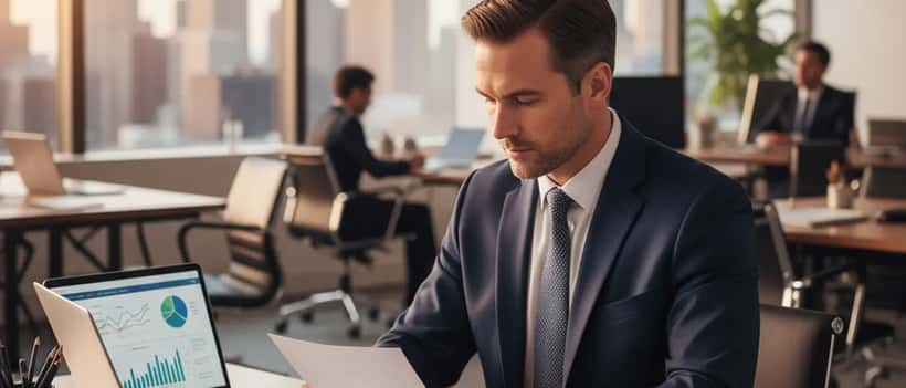 Business attorney reviewing insurance documents and contracts at office desk