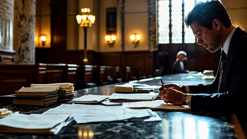 Criminal defense attorney reviewing case files in a Los Angeles courthouse hallway