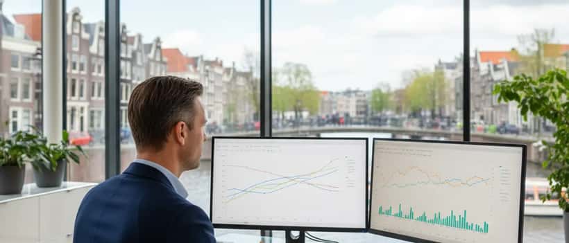 Financieel adviseur in Amsterdam analyseert beleggingsportefeuille met Rode Zee-risico op schermen