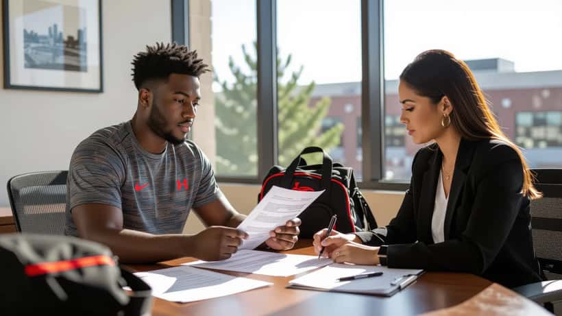 Student athlete and attorney reviewing NIL contract at desk in Memphis law office