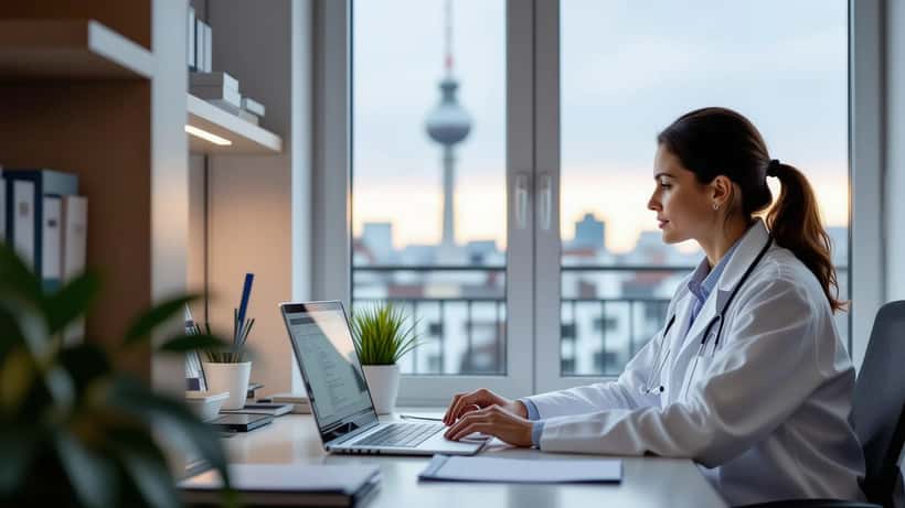 Médecin en consultation dans un cabinet parisien moderne avec antenne 5G visible par la fenêtre