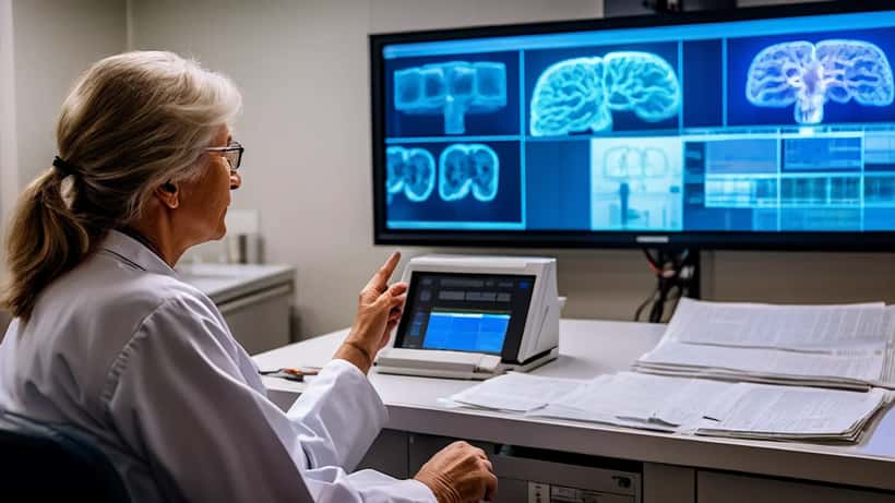 Neurologue examinant des IRM cérébrales dans un cabinet médical