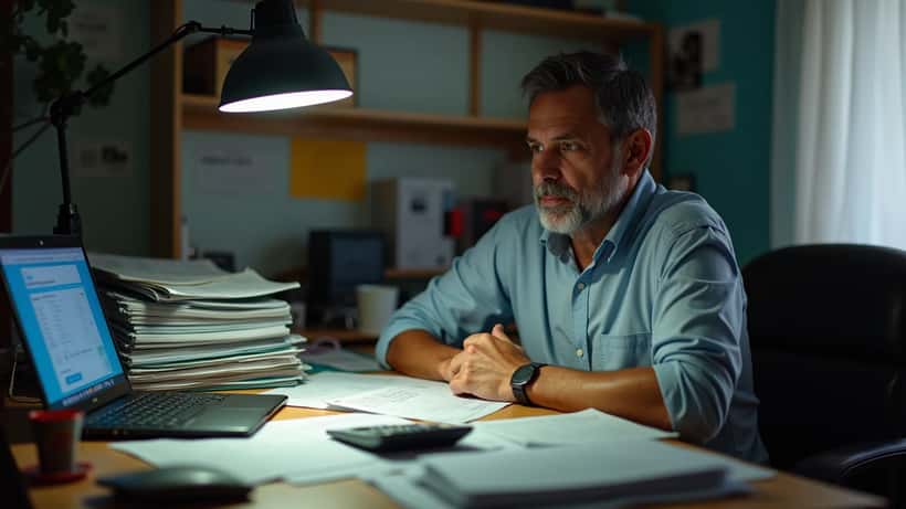 Consultor tributário analisando documentos de imposto de renda em escritório em São Paulo