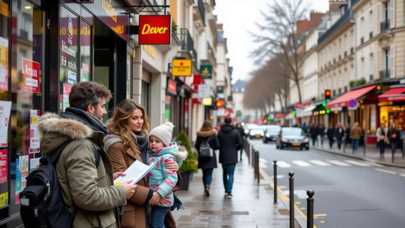 Maison inondée en France lors d'une vigilance rouge 2026, famille sur le pas de porte avec documents d'assurance