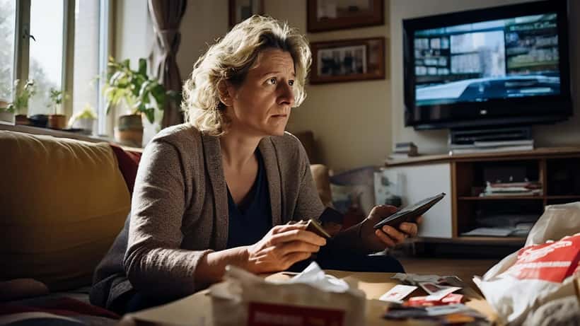 Frau betrachtet besorgt ihr Tablet mit Teleshopping-App und hält eine Kreditkarte in der Hand