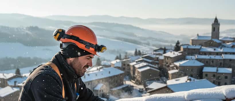 Artigiano che ispeziona un tetto innevato in un quartiere residenziale italiano