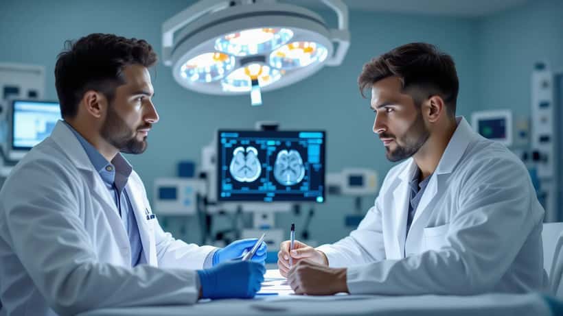 Médico desportivo examina lutador de MMA num consultório hospitalar para diagnóstico de commoção cerebral