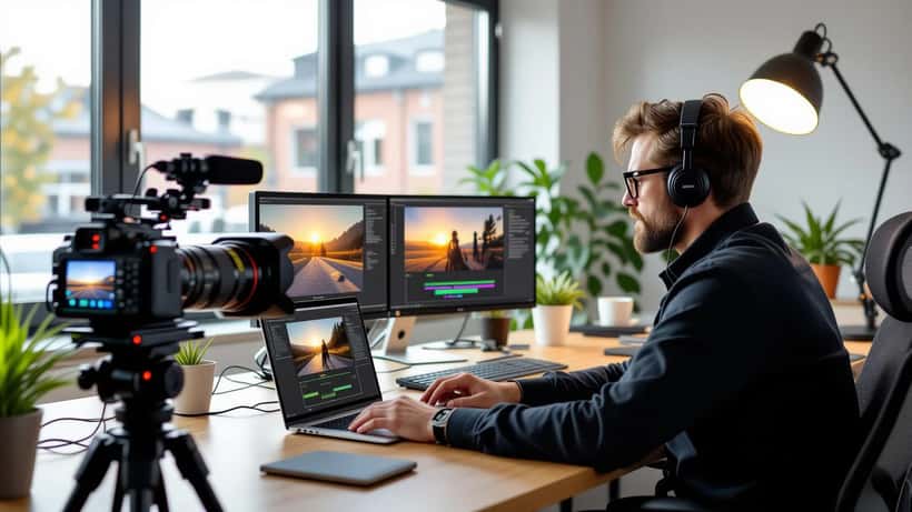 Dokumentarfilmskaber ved arbejdsstation i redigeringsrum