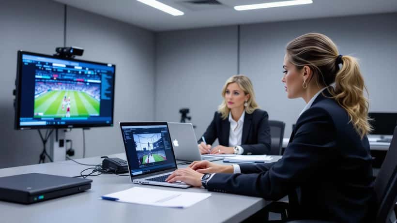 Sports lawyer reviewing AFL tribunal video evidence in a Melbourne hearing room