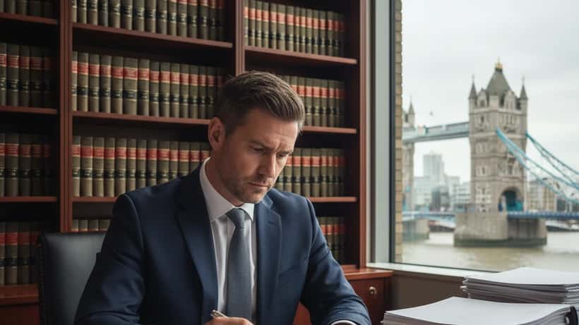 British criminal defence solicitor reviewing legal documents in a London law office with Tower Bridge view