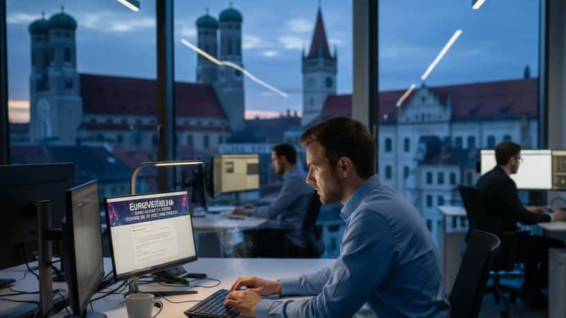 Mann in Wiener Büro schaut besorgt auf Laptop mit verdächtiger E-Mail