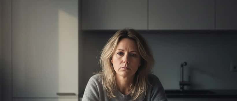 Erschöpfte Frau am Morgen der Zeitumstellung mit Kaffee und Wecker