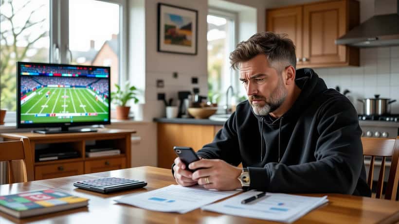 Man at kitchen table in Leeds looking at sports betting app with household bills and NFL game on TV in background