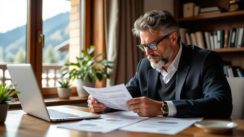 Professionnel suisse analysant ses comptes d'épargne-retraite avec des pièces en francs suisses sur son bureau à Berne
