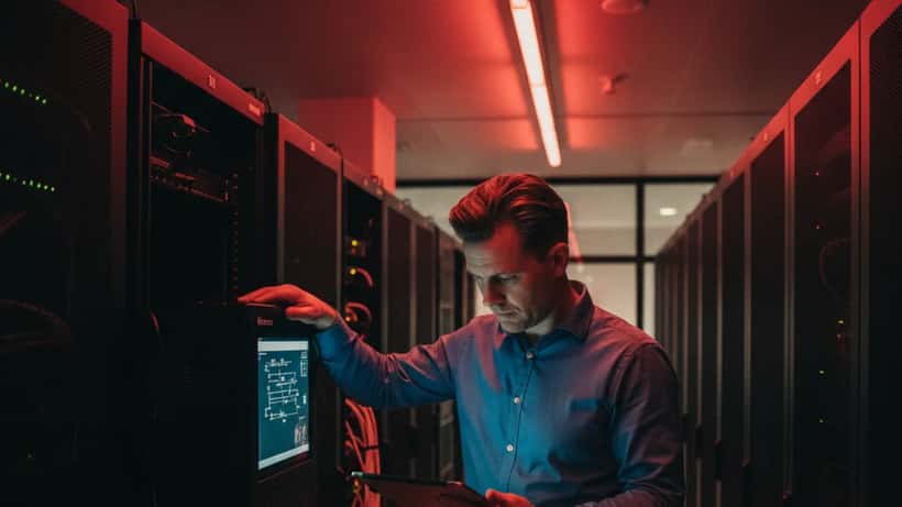 IT-konsulent tjekker UPS-udstyr i serverrum i København
