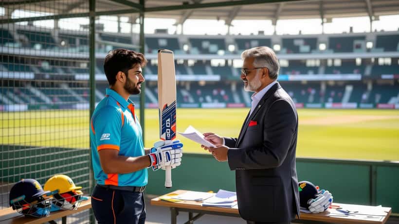 Young cricketer in professional kit reviewing a contract with a legal adviser at an indoor cricket net