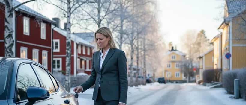 Kvinna vid bil på gatuparkering håller bilnycklar med bekymrat uttryck efter körkortsproblem