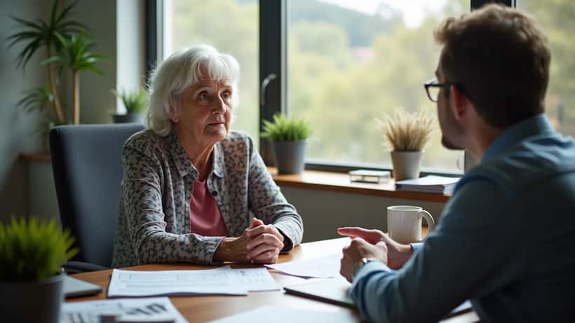 Launceston grandmother and financial adviser reviewing lottery prize documents in a sunlit office